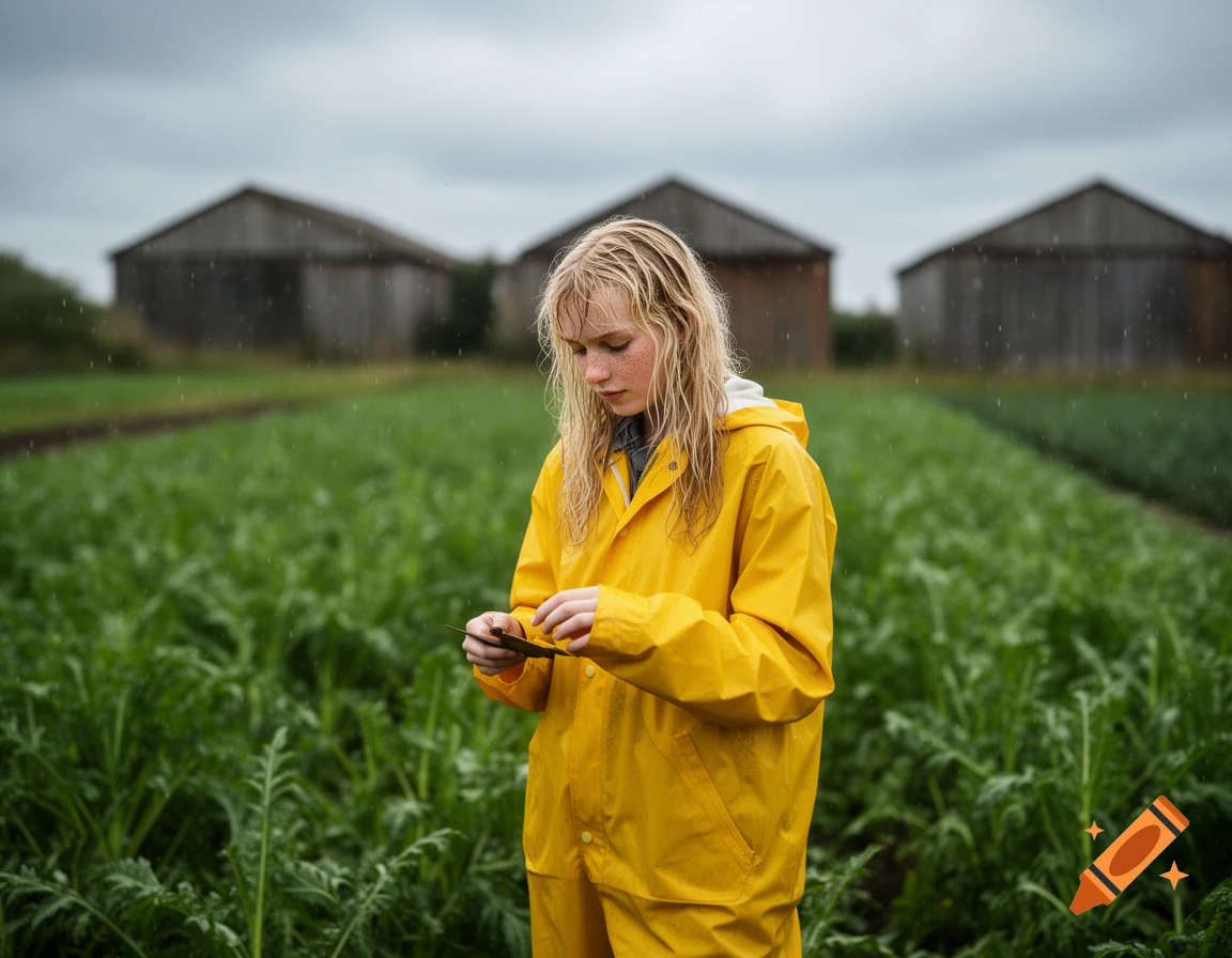 A young blonde person in a yellow raincoat stands in a green field under a cloudy sky, looking down at something in their hands, with barns in the background.