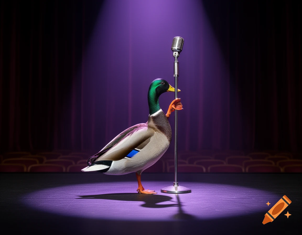 A photorealistic mallard duck stands on a dark stage under a purple spotlight, holding a vintage microphone with its webbed foot.