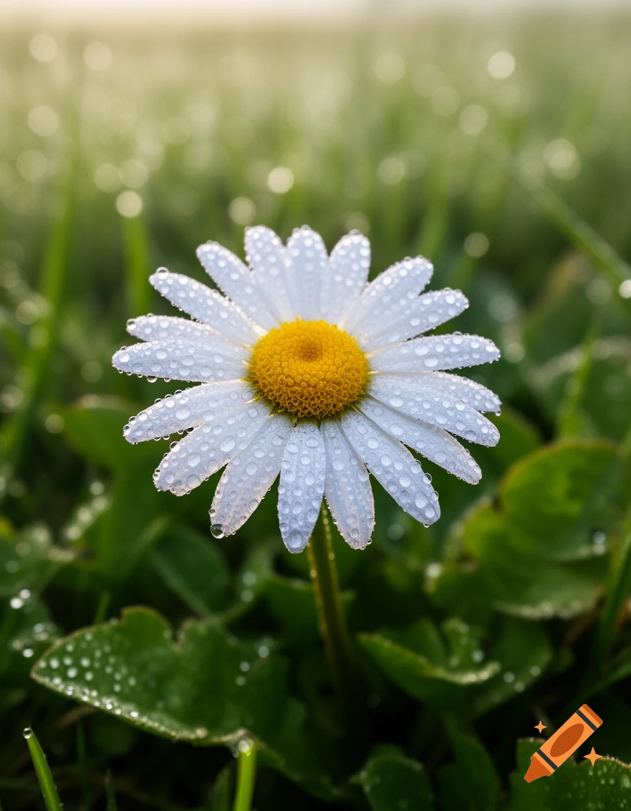 Photorealistic close-up of a white daisy covered in dew drops, surrounded by blurred green grass in soft sunlight.