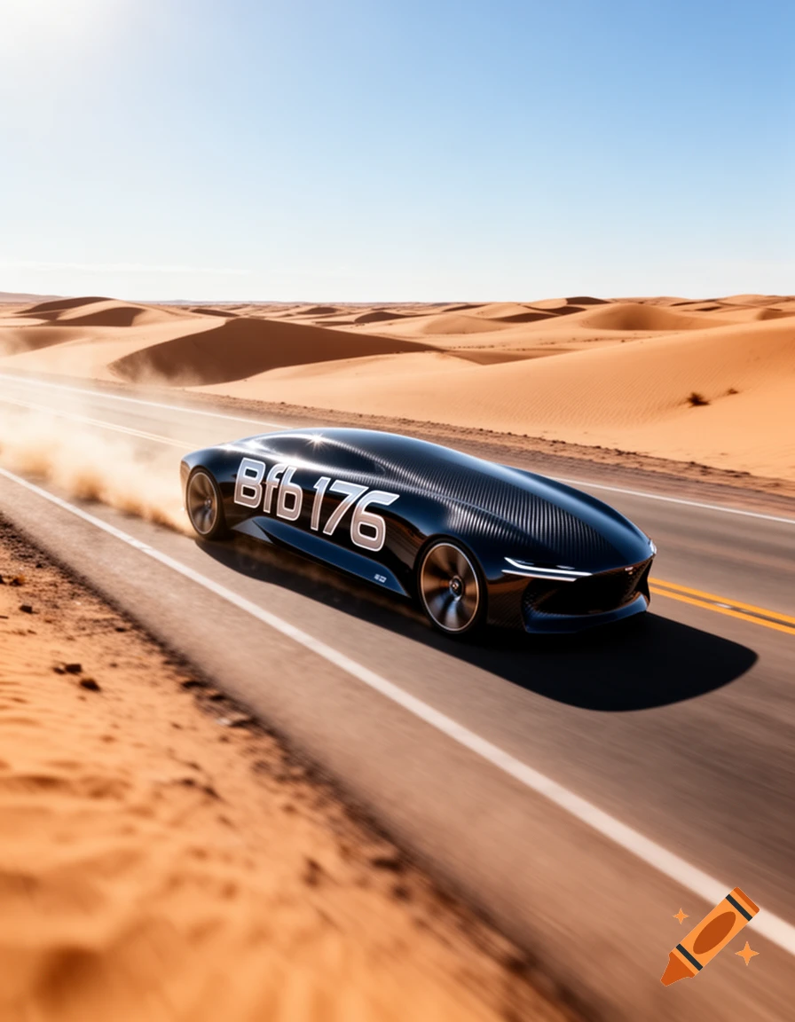 A sleek, black futuristic car with "Bfb 176" on its side races across a desert road, kicking up dust.
