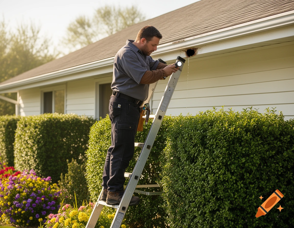 A handyman on a ladder inspects a dripping gutter on a house, holding a flashlight in a photorealistic style.