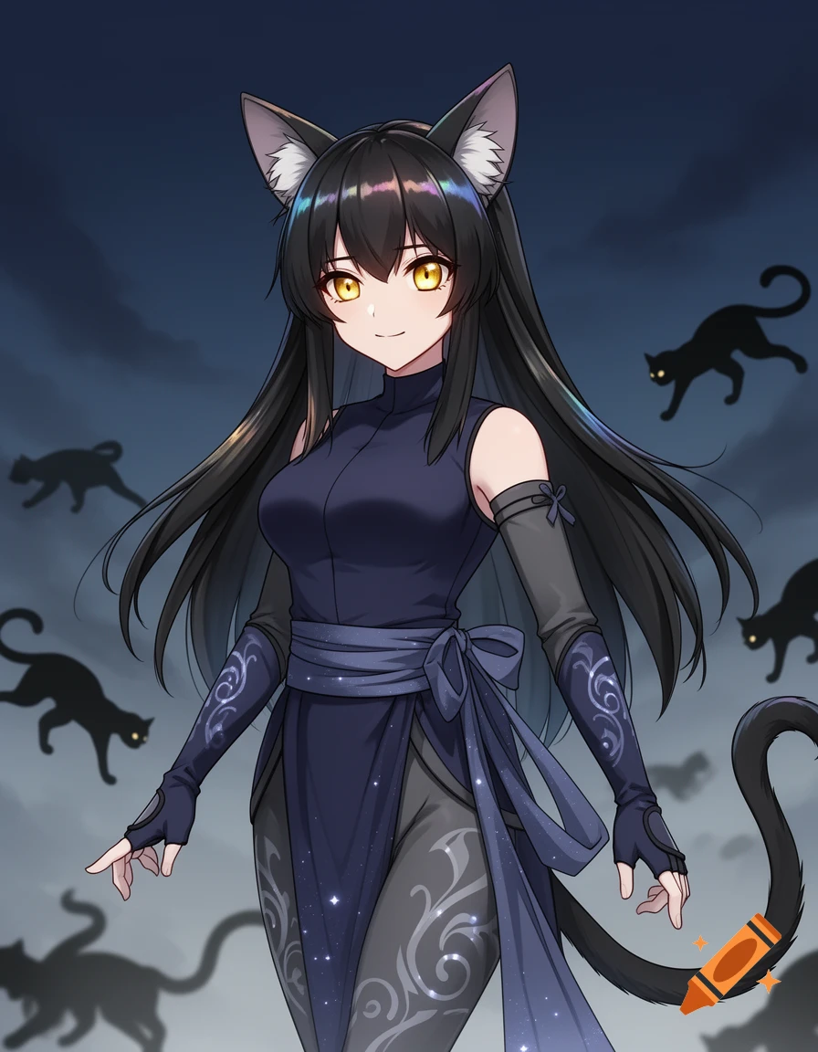 An anime catgirl with long black hair and golden eyes, wearing a dark blue outfit, surrounded by silhouetted black cats.