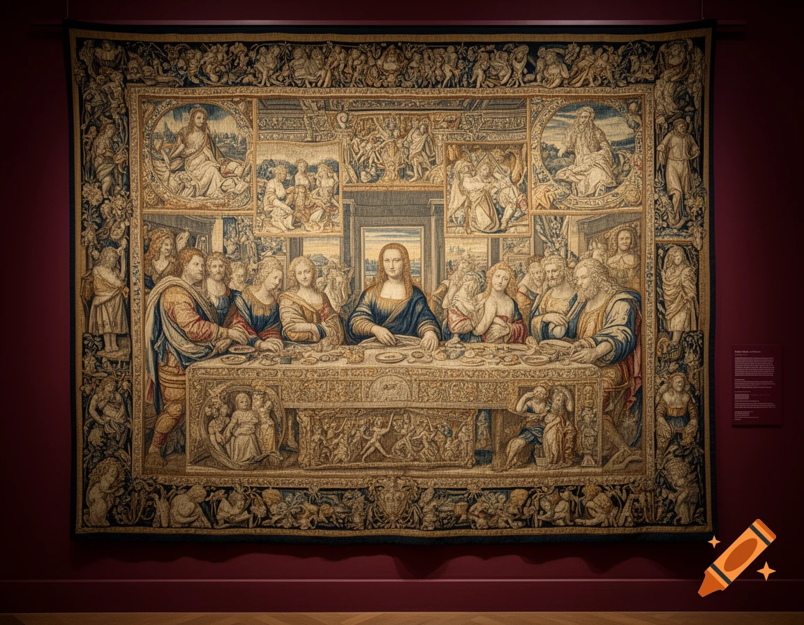 A large, ornate tapestry depicting a scene resembling The Last Supper, with many figures seated at a long table, hanging on a dark red museum wall.
