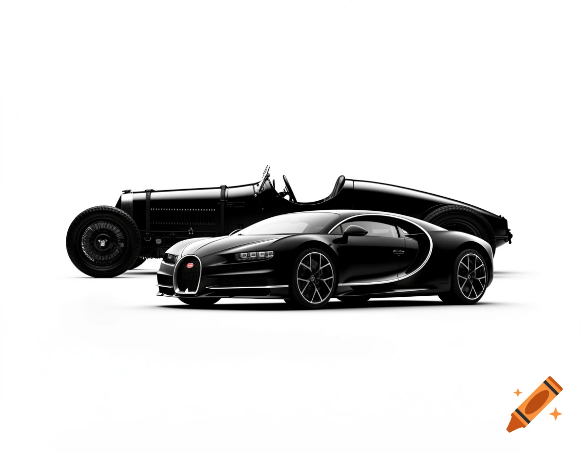 Black Bugatti Chiron in the foreground with a classic Bugatti Type 35 behind it, depicted as silhouettes on a white background.