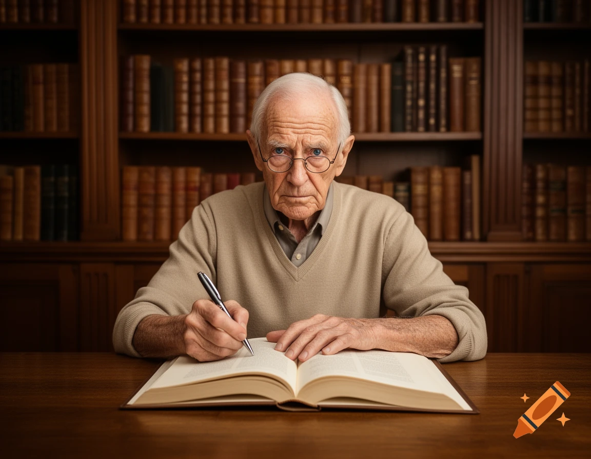 An elderly white man with glasses sits at a library table, writing in an open book with a pen.