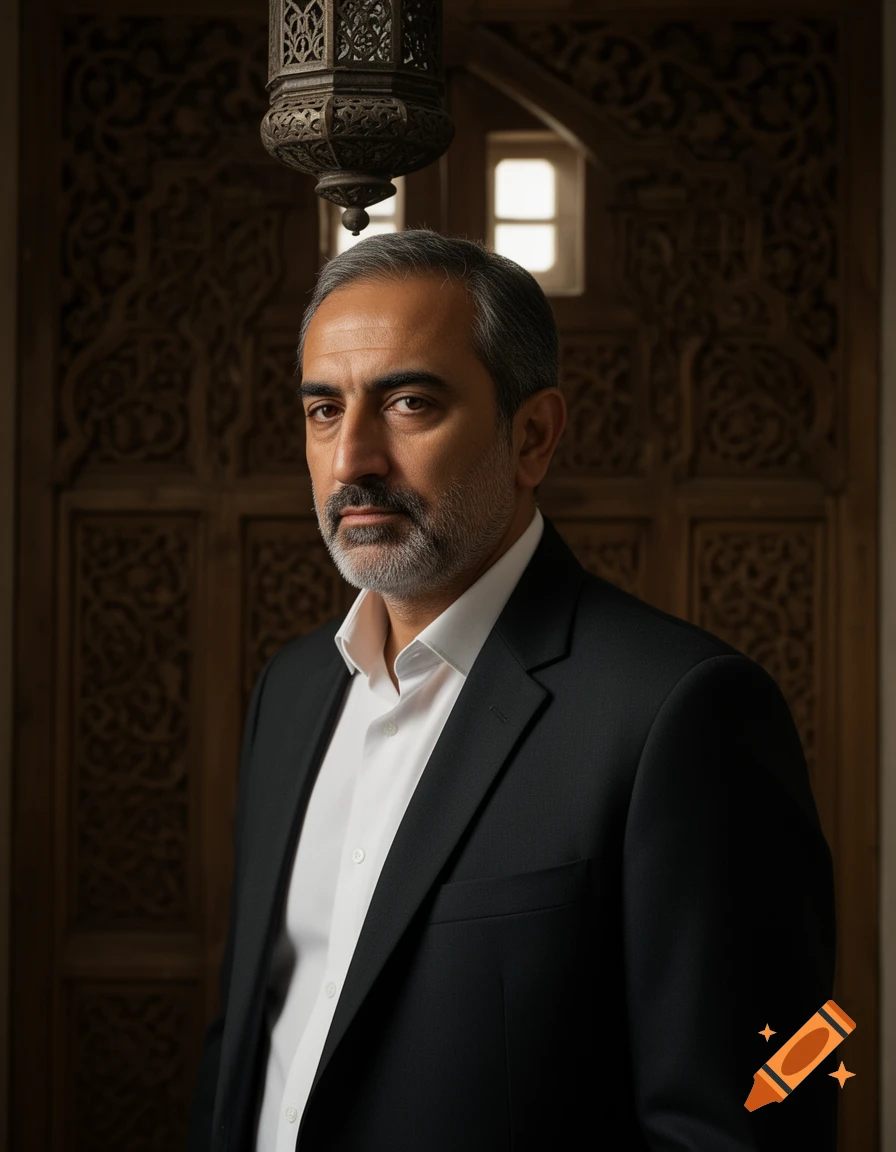 Photorealistic portrait of a middle-aged man with a short beard and graying hair, wearing a black suit and white shirt, in front of a carved wooden door and an ornate metal lantern.