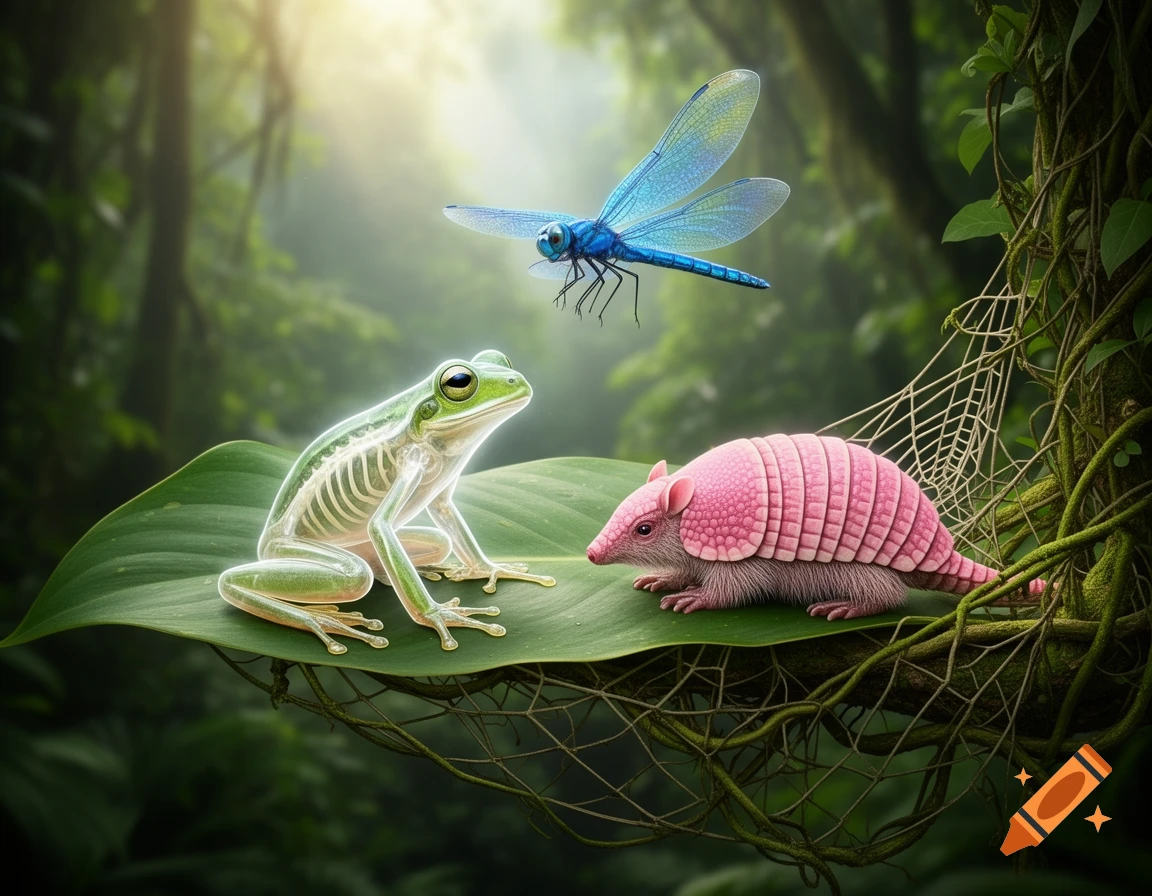 A glowing glass frog, a pink fairy armadillo, and a blue dragonfly on a large leaf in a sunlit jungle.