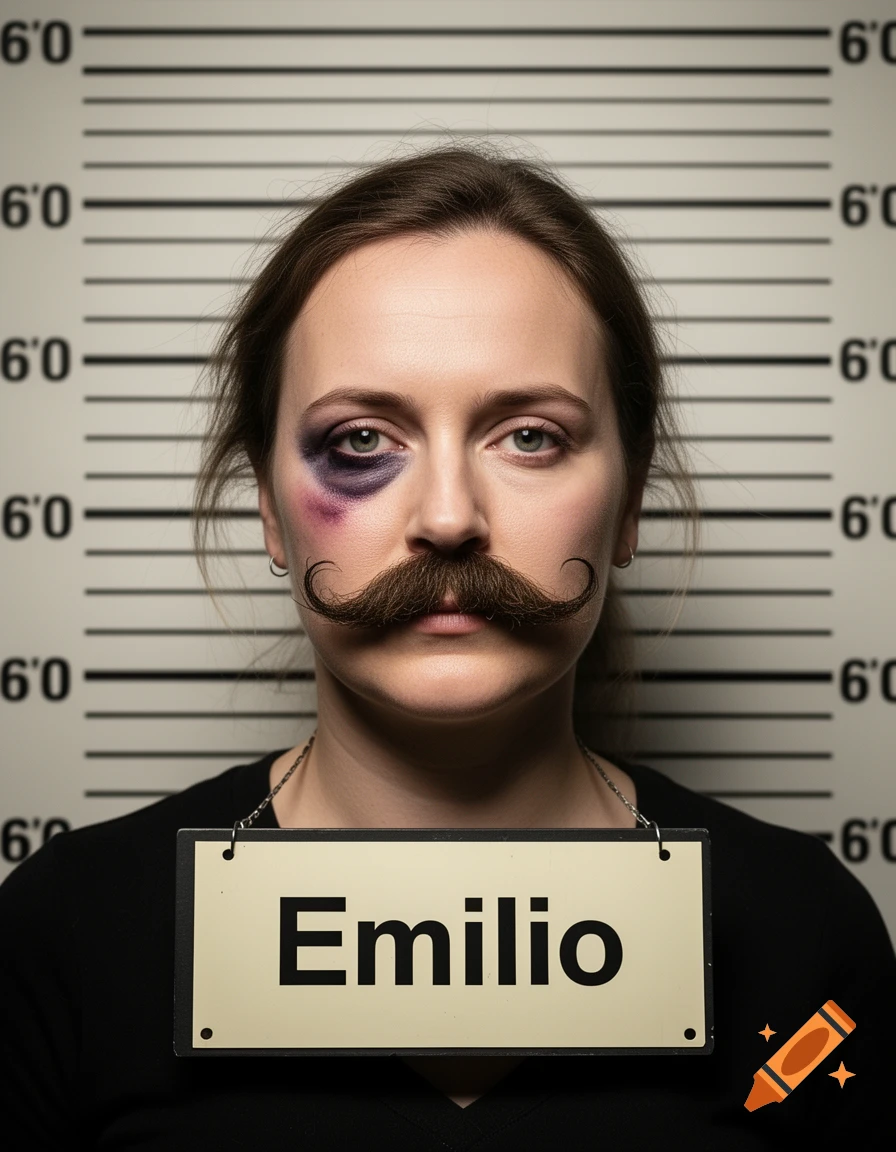 Photorealistic mugshot of a woman with a black eye, a large curly mustache, and a sign around her neck reading "Emilio".