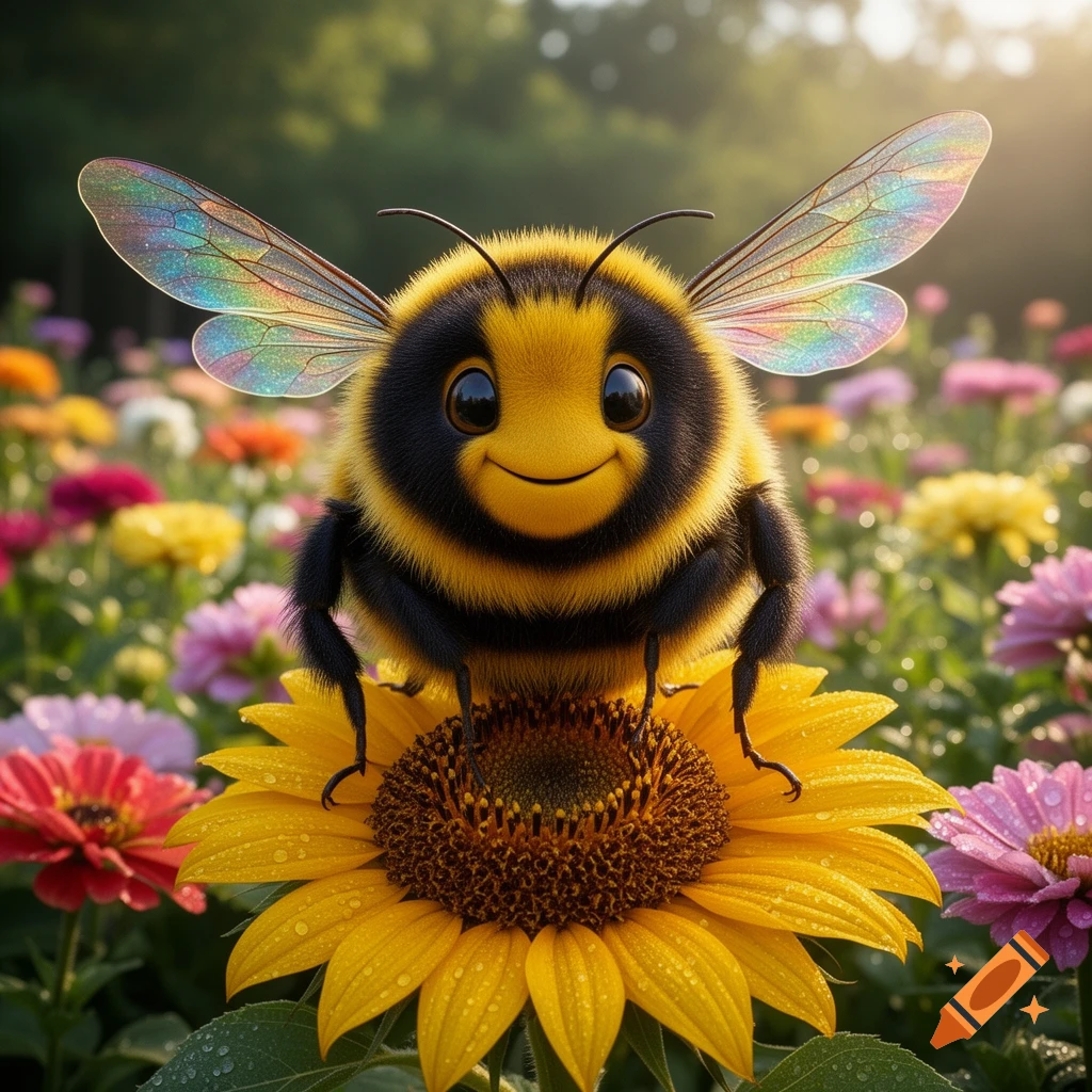 A fluffy, cartoon-like bumblebee with a happy face sits on a bright yellow sunflower in a field of colorful flowers.