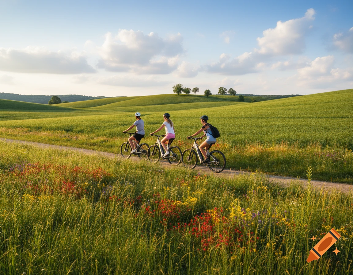 Three people on bicycles ride along a dirt path through vibrant green rolling fields filled with wildflowers under a blue sky with white clouds.