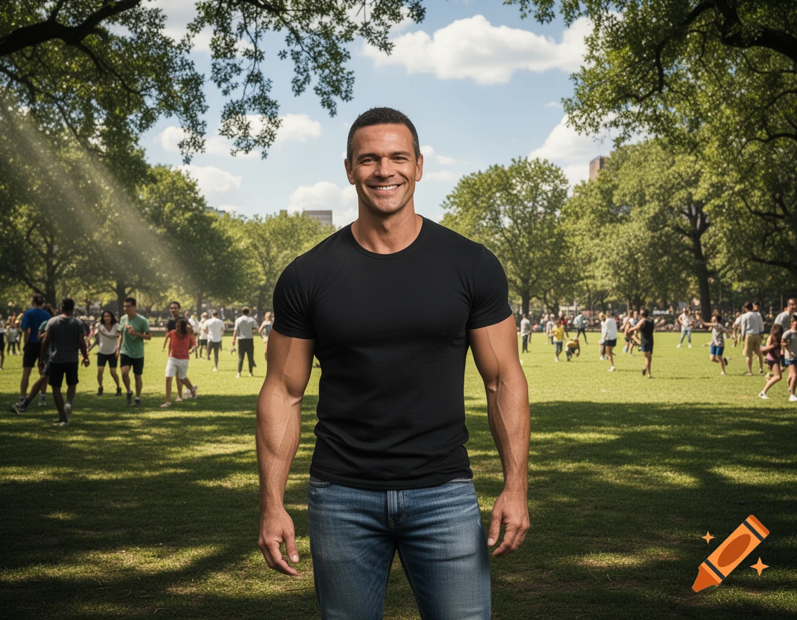 A smiling, muscular man in a black t-shirt and jeans stands in a sunny park filled with trees and blurred people in the background, photorealistic.