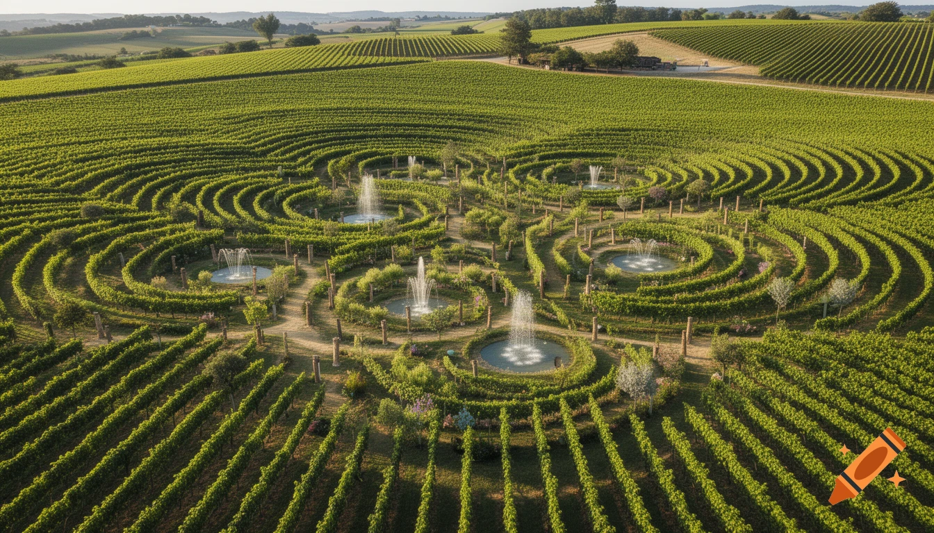 Aerial view of a lush green vineyard with circular patterns, several fountains, and walking paths under a clear sky.