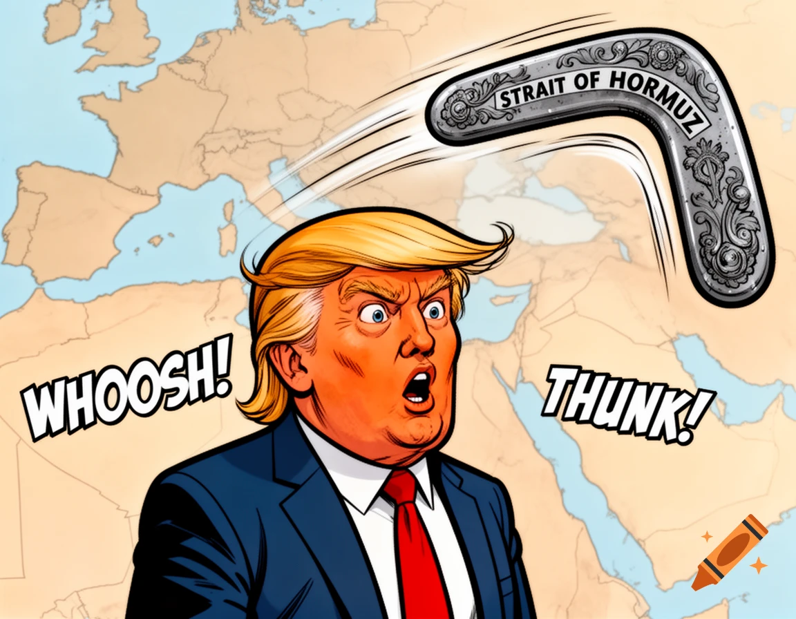 Comic-style illustration of a shocked Donald Trump with a boomerang labeled "STRAIT OF HORMUZ" flying towards his head, set against a world map.