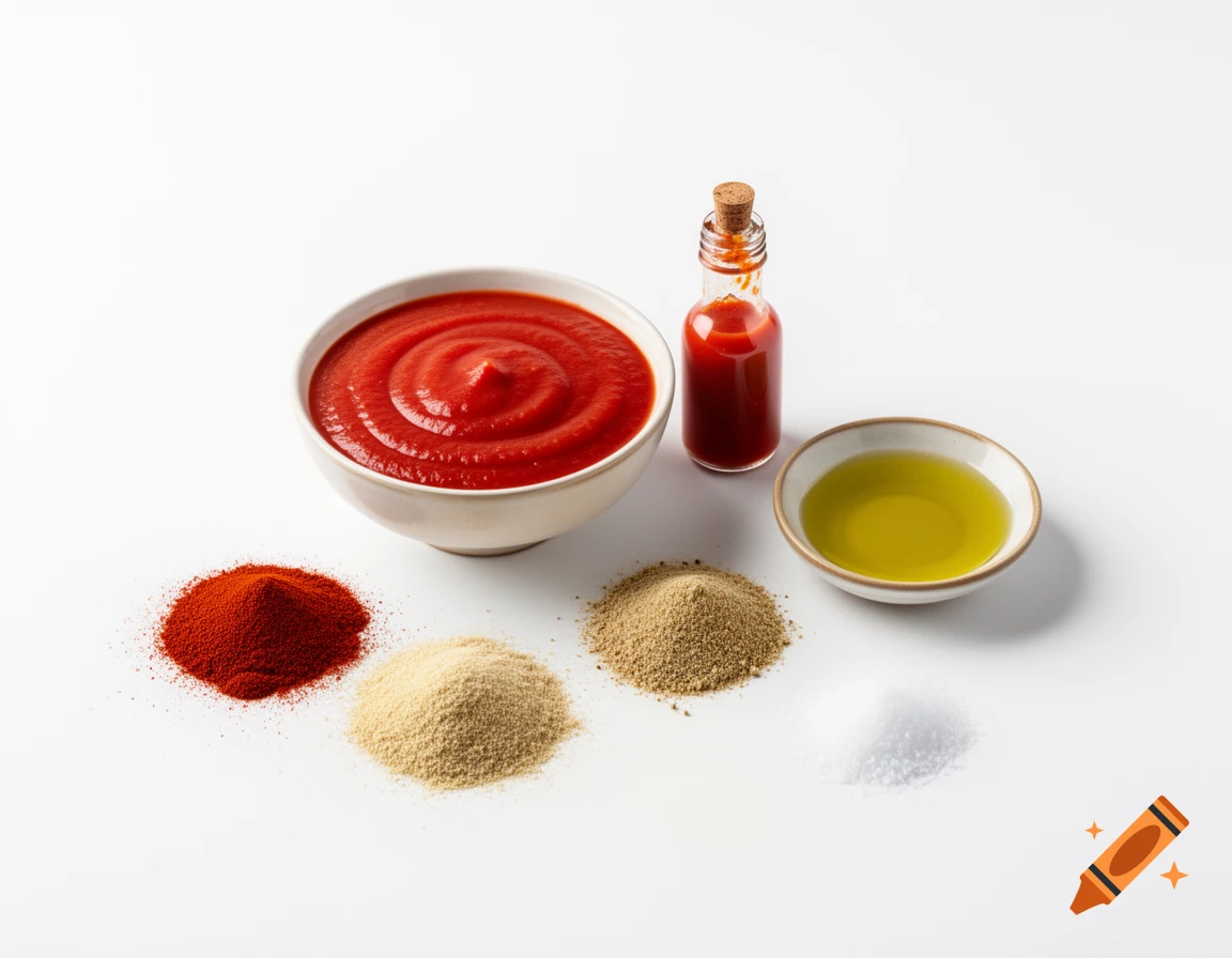 Ingredients for salsa brava: tomato sauce, hot sauce, olive oil, paprika, garlic powder, and salt on a white background. Realistic food photography.