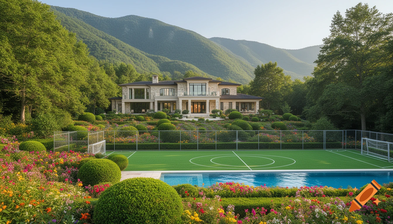 A luxurious mansion in lush green mountains with manicured gardens, a soccer field, and a swimming pool.