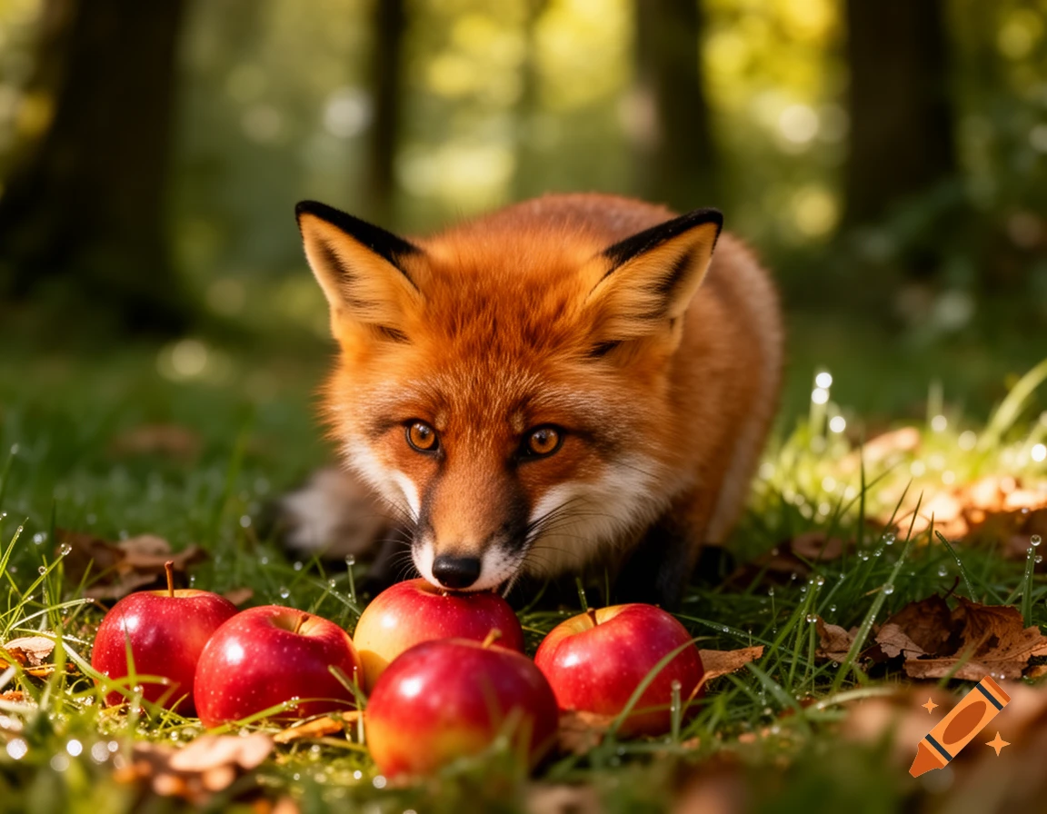 A red fox crouches in dewy green grass, looking at several red apples on the ground in a sunlit forest.