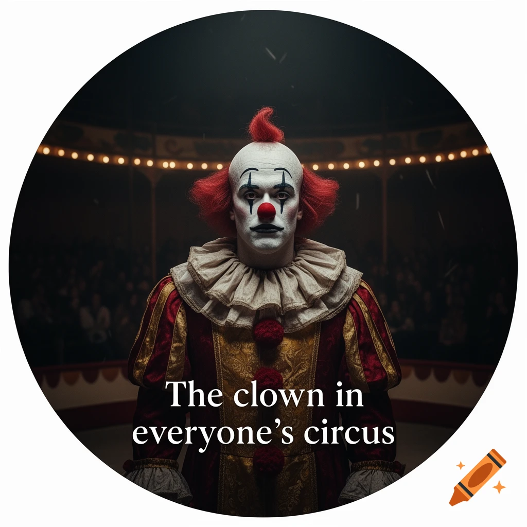 A portrait of a melancholic clown with red hair and classic makeup, wearing a ruffled costume, in a dimly lit circus. Text: "The clown in everyone's circus".