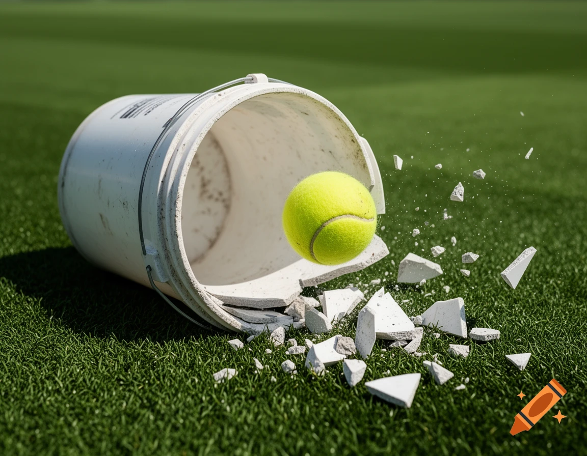 A tennis ball bursts through the bottom of a white bucket lying on green grass, scattering fragments.