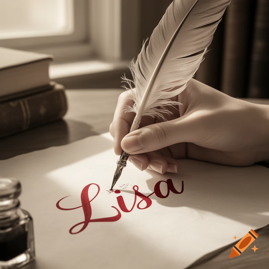 A close-up, sepia-toned shot of a hand writing the name 'Lisa' in red ink with a quill on paper, an inkwell nearby.
