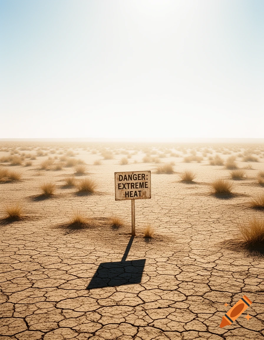 A warning sign reading 'DANGER: EXTREME HEAT' stands in a cracked, dry desert landscape under a clear sky.