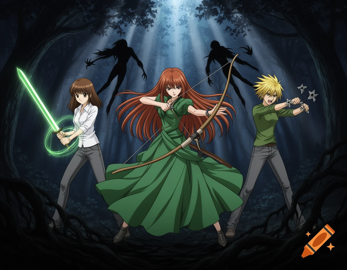 Three anime girls, one with a glowing green sword, one with a bow, and one with throwing stars, fight shadow creatures in a dark forest.