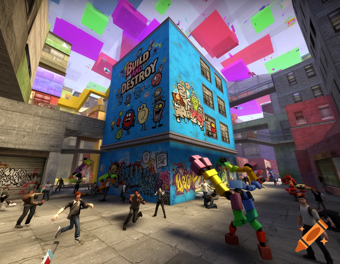 Chaotic GMod-style urban scene with people, blocky figures, graffiti, and a building labeled 'BUILD AND DESTROY' under a sky with floating colorful blocks.