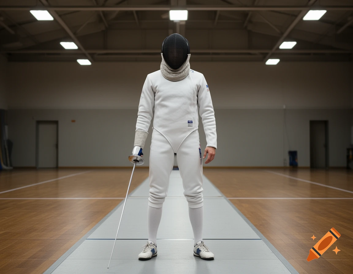 A fencer in a white uniform and black mask stands on a mat in a sports hall, holding an epee.