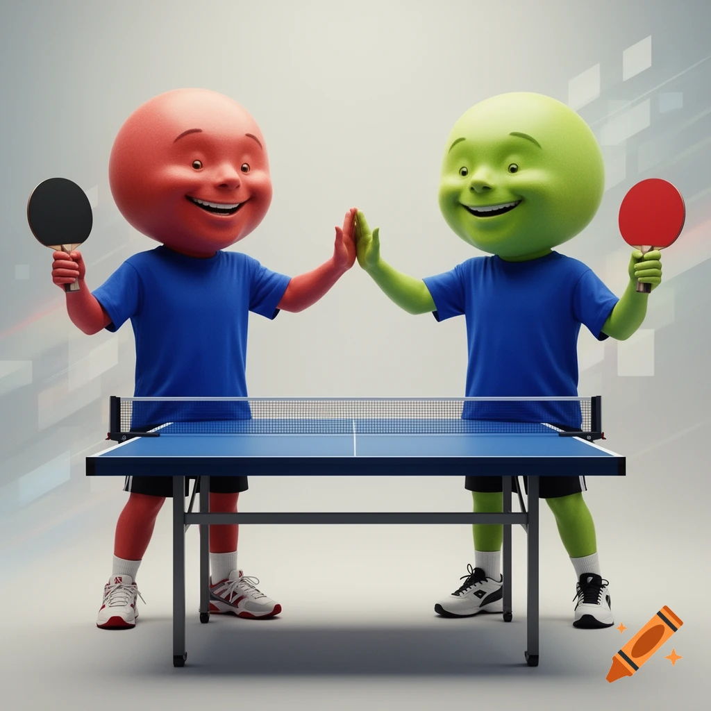 A red character and a green character high-fiving over a blue table tennis table, holding paddles, in a 3D cartoon style.