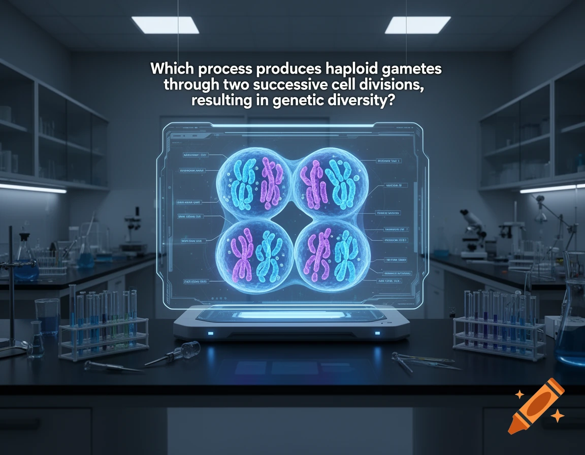 A futuristic laboratory with a holographic display showing four magnified cells containing blue and pink chromosomes. Above the display is the question: "Which process produces haploid gametes through two successive cell divisions, resulting in genetic diversity?"