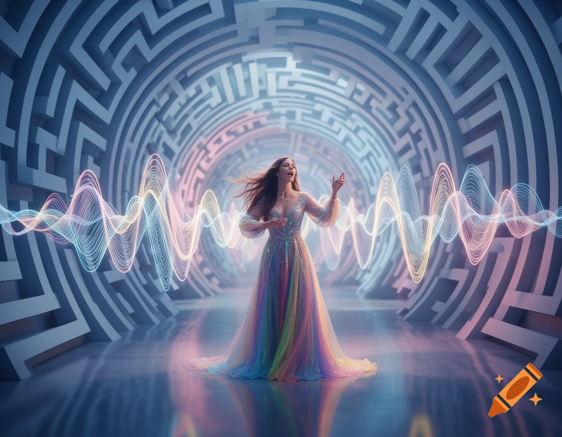 A woman in a colorful dress sings surrounded by glowing sound waves inside a surreal labyrinth.