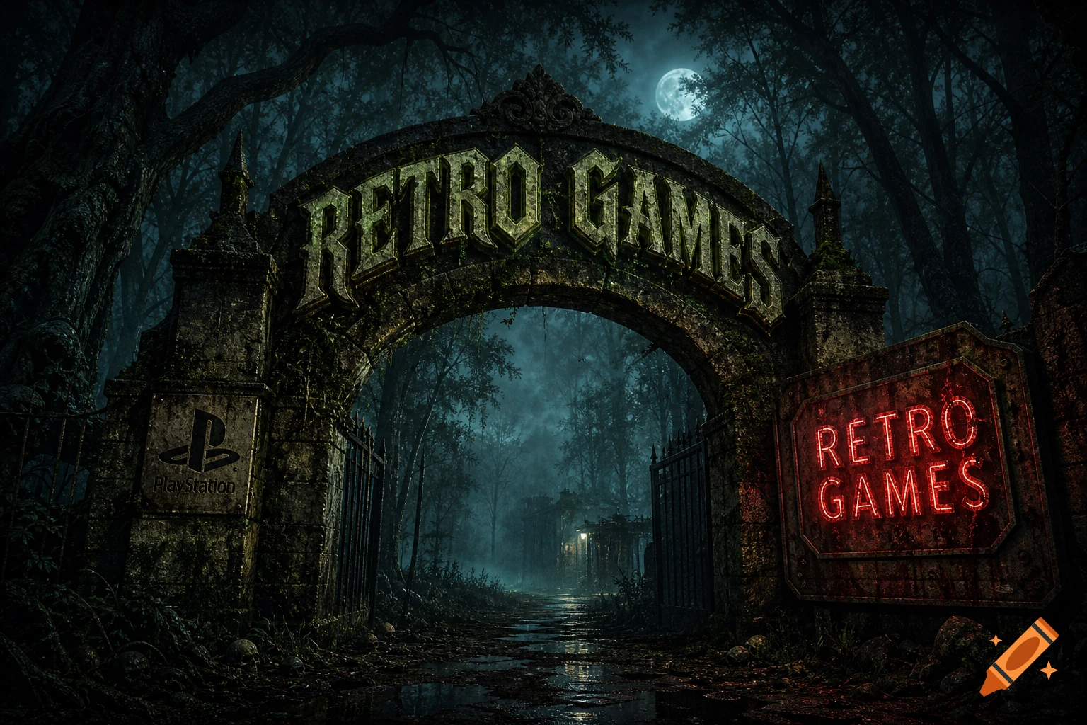 A gothic stone archway with 'RETRO GAMES' carved into it, a PlayStation logo, and a neon sign in a misty, moonlit horror forest.