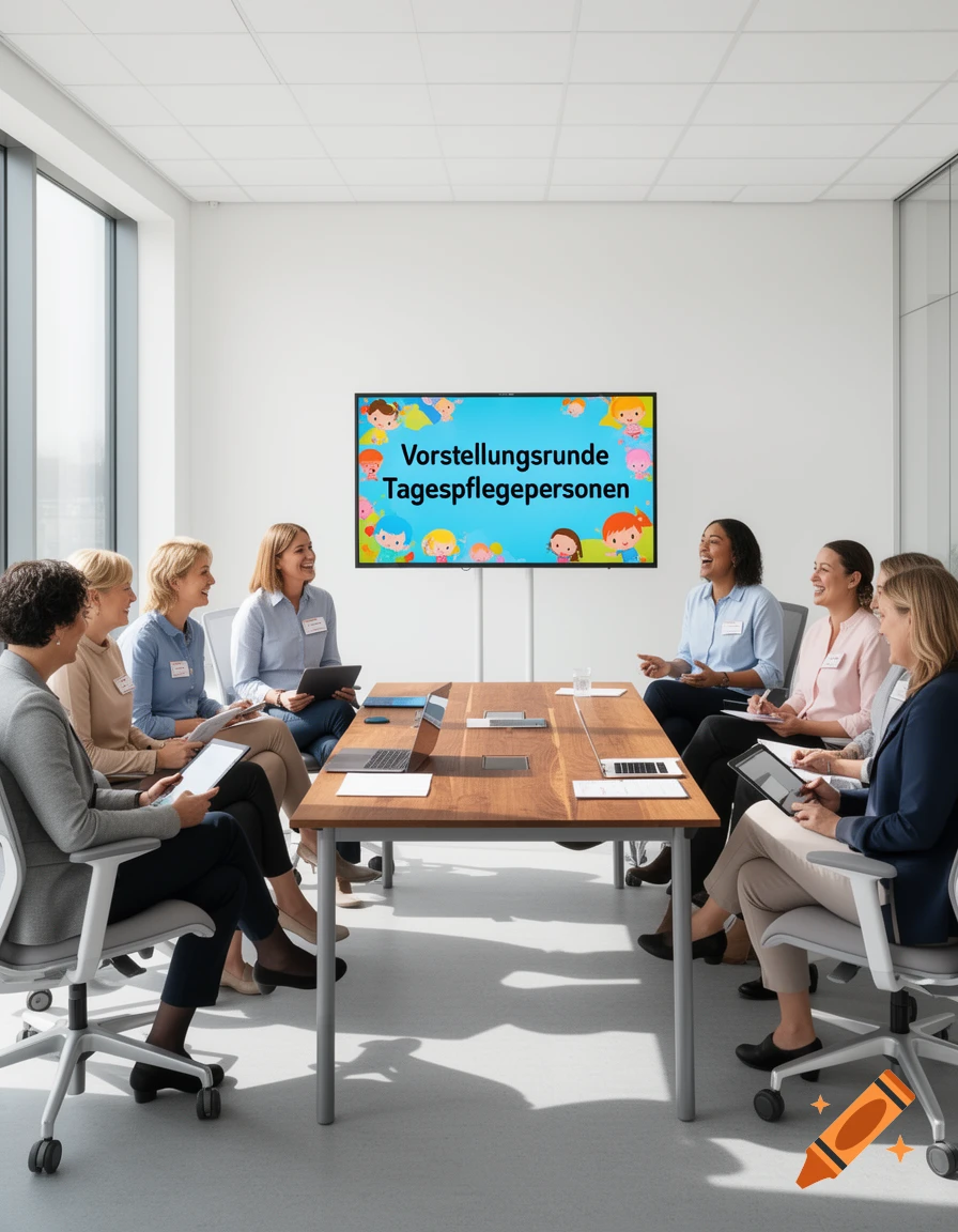 Women in a modern office meeting around a table, a screen displaying "Vorstellungsrunde Tagespflegepersonen" behind them.