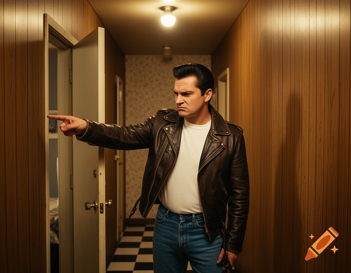 A man resembling Fonzie in a leather jacket and jeans points with a displeased look towards an open door in a retro hallway.