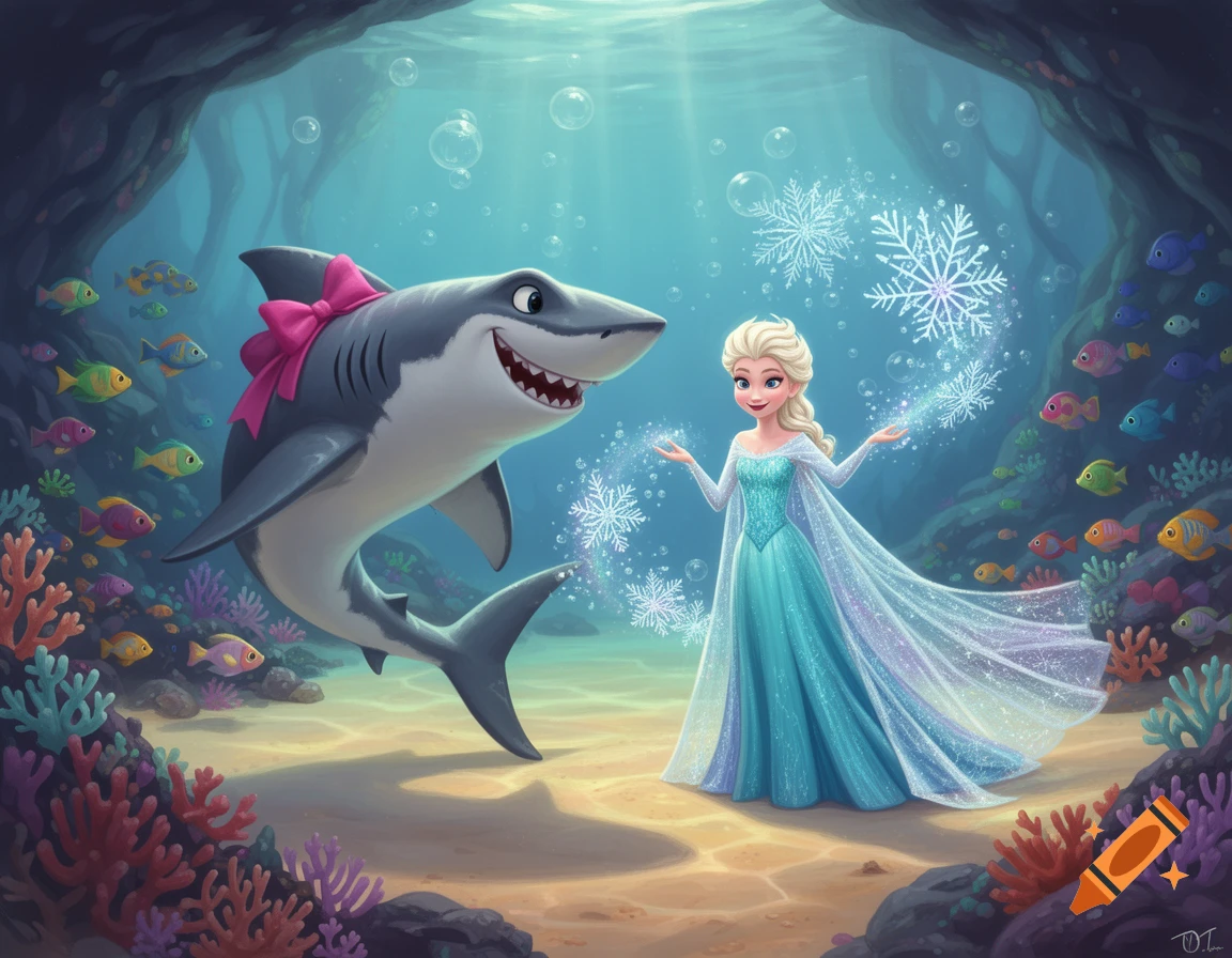 Elsa creates snowflakes underwater with a smiling cartoon shark wearing a pink bow. Colorful fish swim around coral reefs.