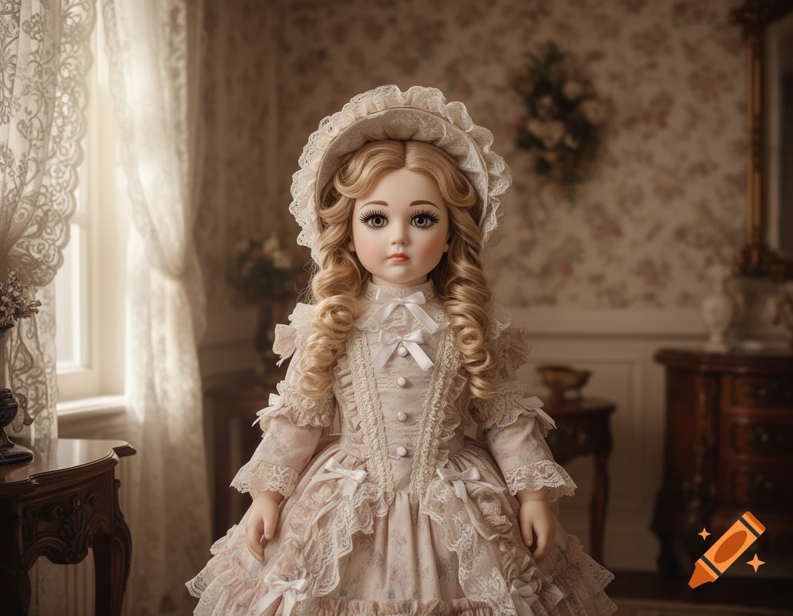A photorealistic image of a vintage porcelain doll with blonde curls in a detailed lace dress and bonnet, standing in an ornate room.