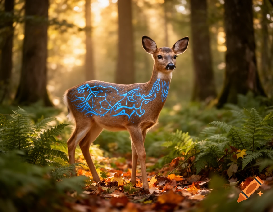 Photorealistic image of a deer with glowing blue patterns on its body, standing in a sunlit forest.