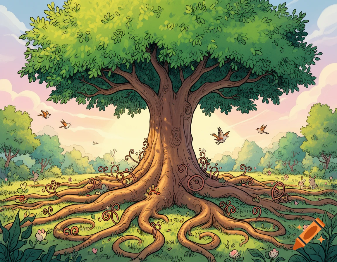 Cartoon-style large green tree with swirling roots in a grassy meadow under a colorful sky with birds.