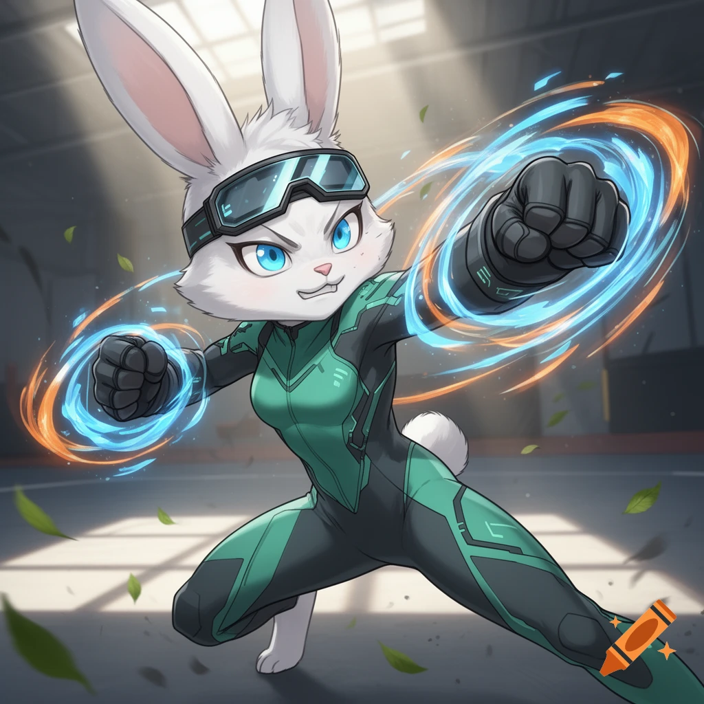 An anime anthropomorphic white rabbit in a green and black sci-fi suit and goggles, striking a punching pose with glowing energy around its fists.