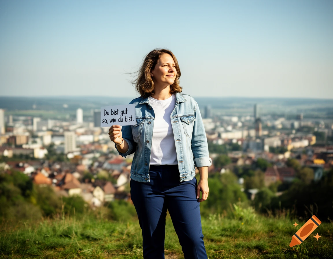 Smiling woman on a hill overlooking a city, holding a sign that reads 'Du bist gut so, wie du bist.'