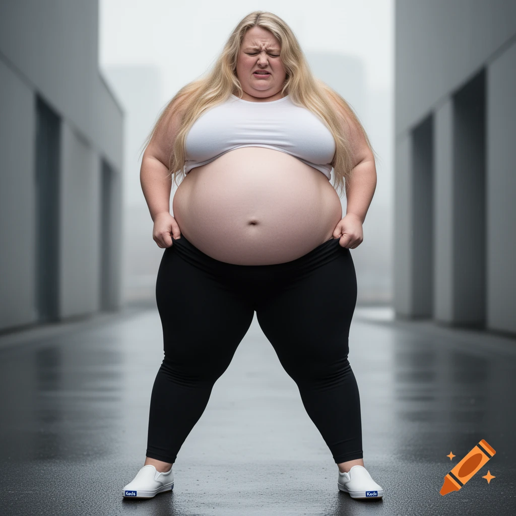 A very overweight woman with long blonde hair and a strained expression, wearing a white crop top and black leggings, struggles to pull up her pants, revealing her large belly. She wears white Keds sneakers in a modern hallway.