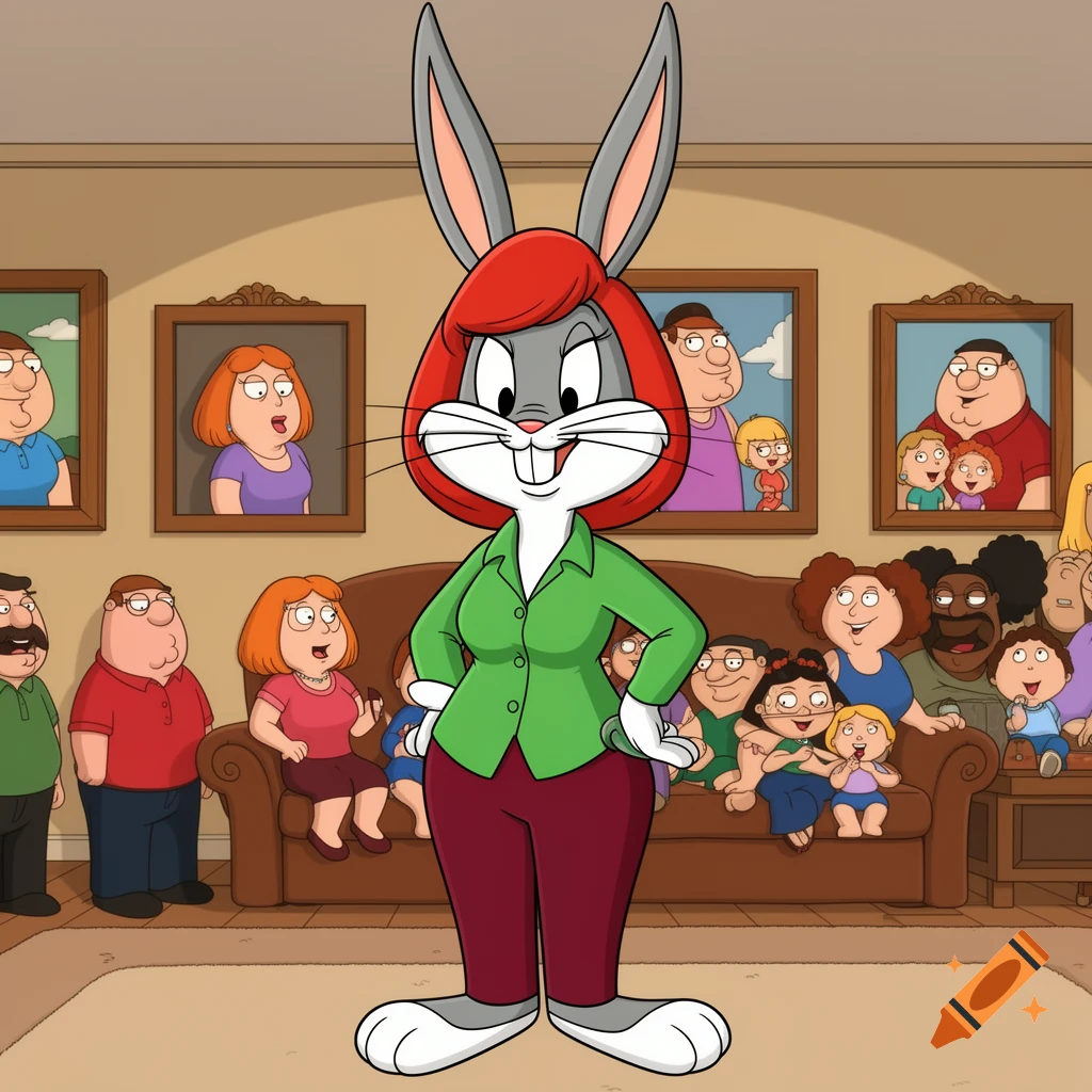 Bugs Bunny dressed as Lois Griffin stands in the Family Guy living room with other characters.
