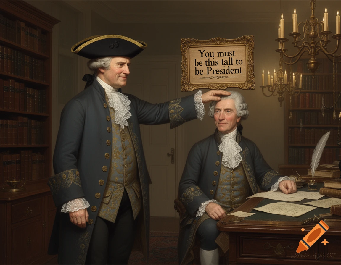 Two men in 18th-century attire, one measuring the other's height against a 'You must be this tall to be President' sign in a study.
