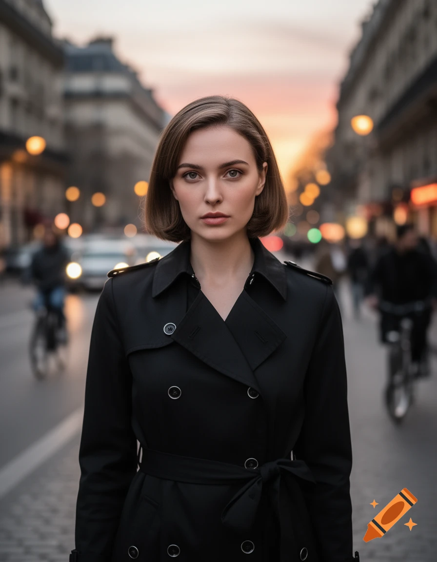 A serious-looking woman with short brown hair wears a black trench coat, standing in the middle of a blurred city street at sunset.