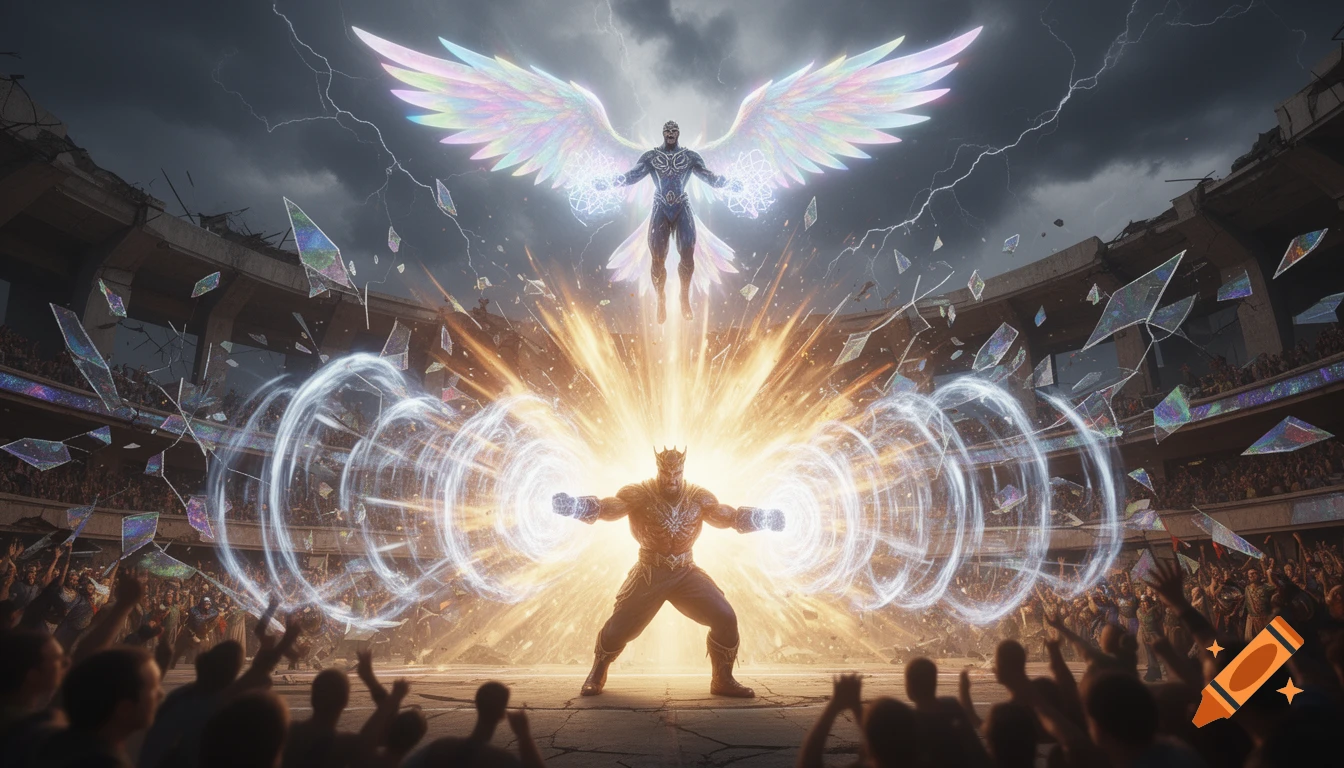 Two powerful figures battle in a crumbling stadium, one flying with rainbow wings, the other on the ground emitting golden energy blasts.
