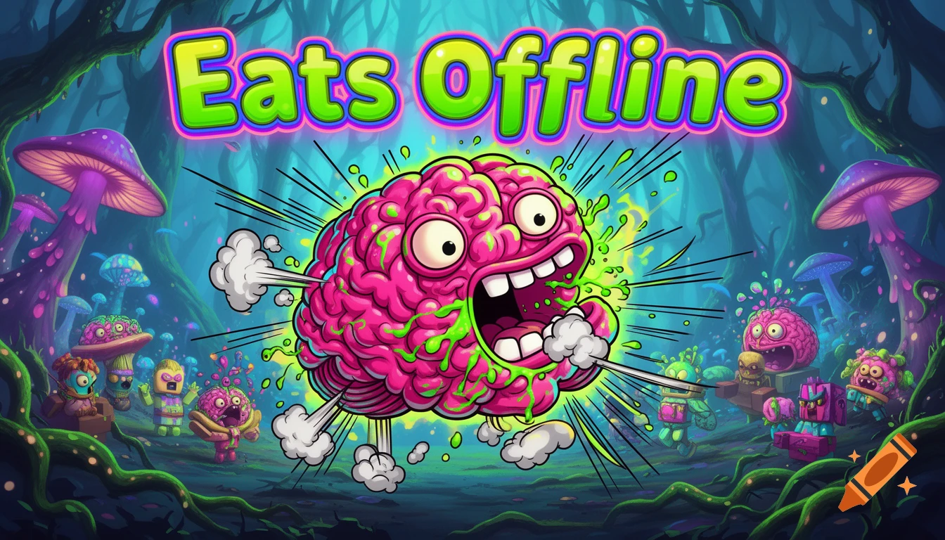 Cartoon of a pink brain monster with green goo bursting from its mouth in a vibrant mushroom forest with other small creatures, text 'Eats Offline' above.