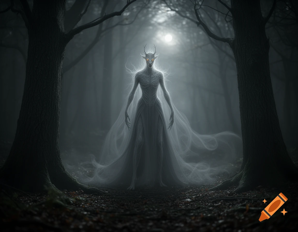 A pale, gaunt, horned creature with glowing eyes stands in a dark, misty forest between two large trees under a dim moon.