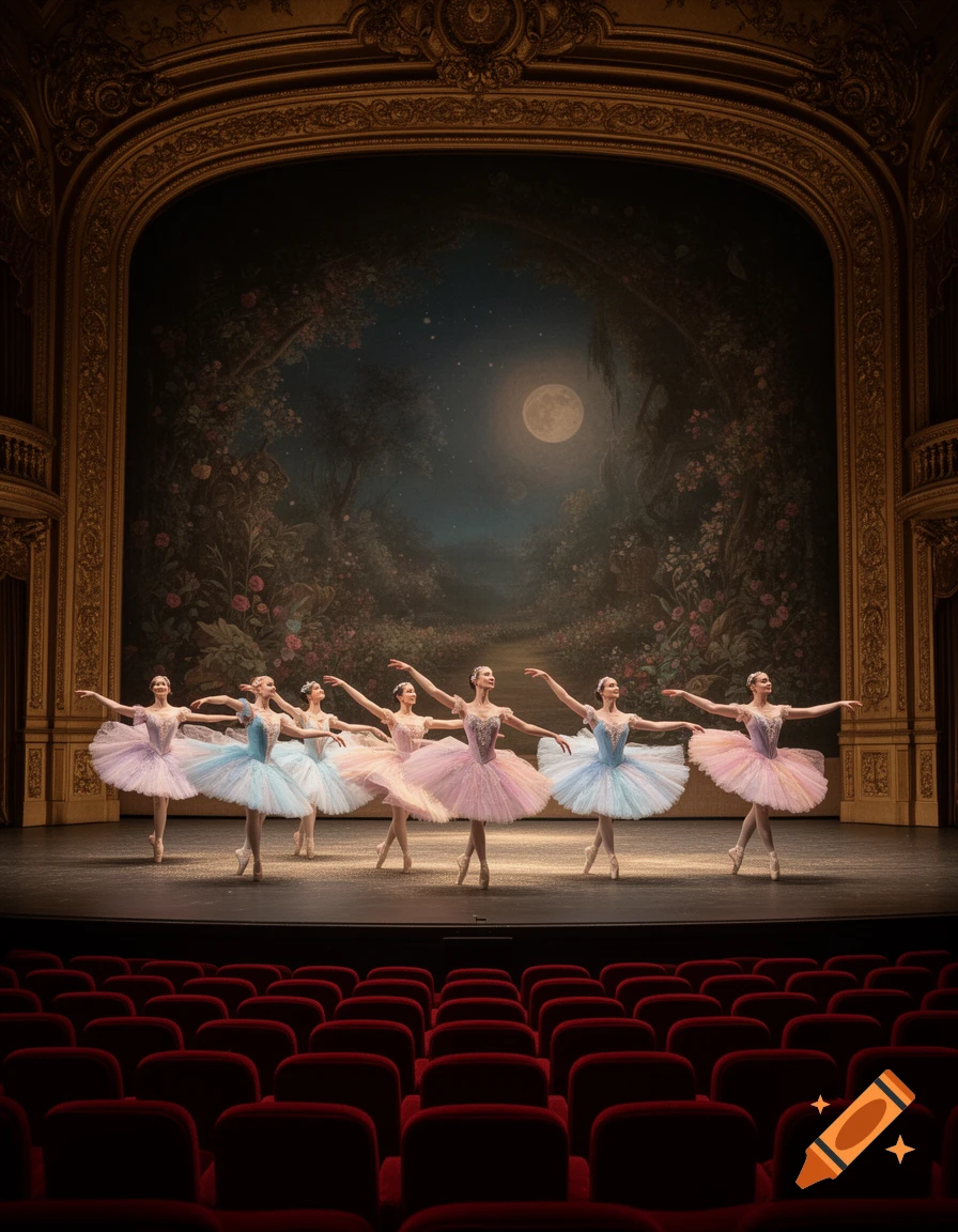 Seven ballerinas in colorful tutus dance on a grand theater stage with a moonlit forest backdrop, viewed from red audience seats.