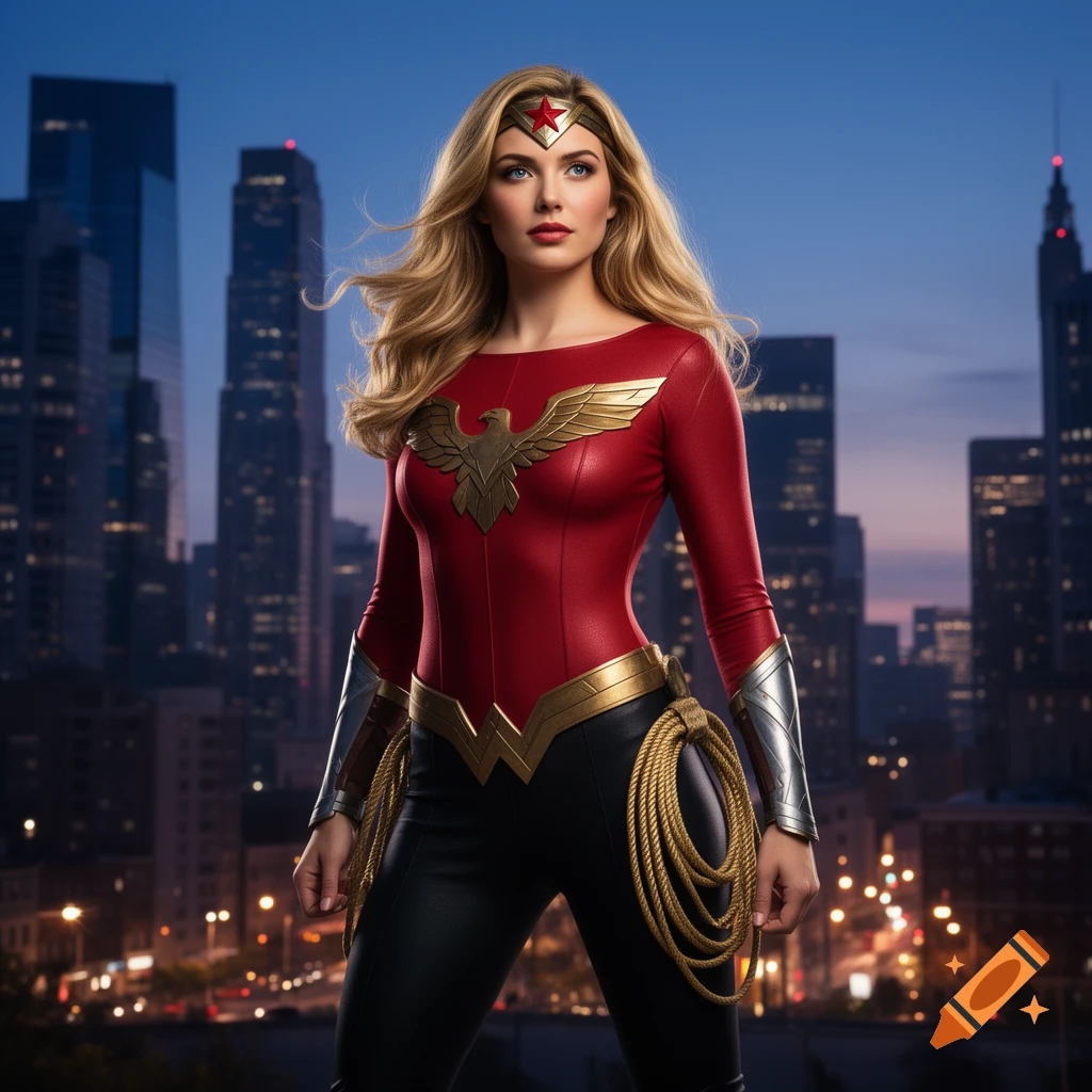 Photorealistic image of a blonde superheroine in a red and gold costume with an eagle emblem, standing against a blurred city skyline at dusk.