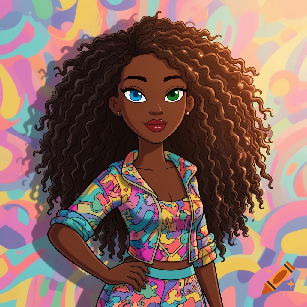 Cartoon of a dark-skinned woman with long curly hair, mismatched blue and green eyes, wearing a vibrant patterned jacket and top against an abstract background.