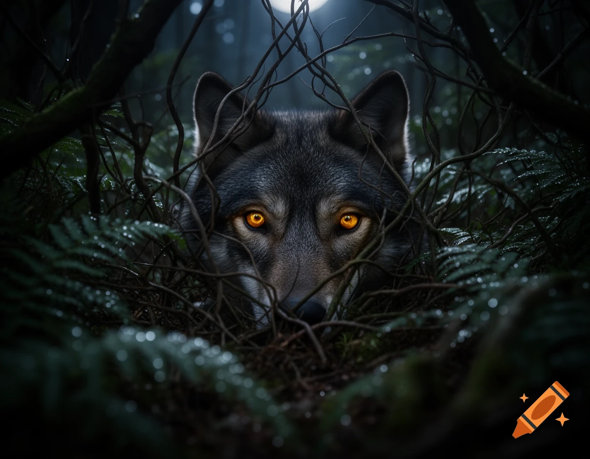 Intense close-up of a wolf's face with glowing orange eyes, peering from behind dark, mossy branches and ferns in a mystical forest at night under a moonlit sky. Photorealistic.